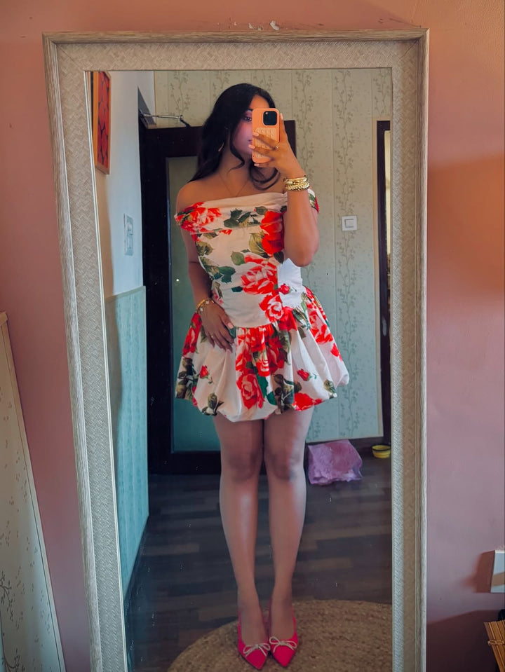 Solmere Off Shoulder Mini Dress in Rose Print