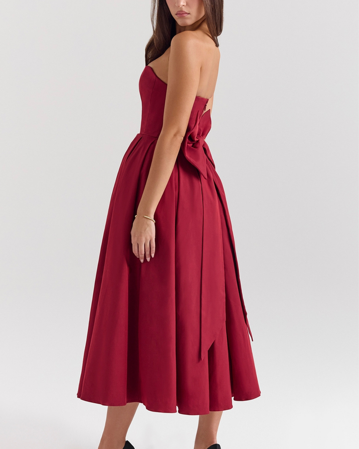 Dalia Strapless Detachable Bow Midi Dress in Maroon