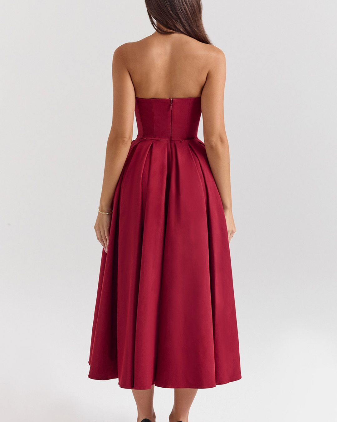 Dalia Strapless Detachable Bow Midi Dress in Maroon