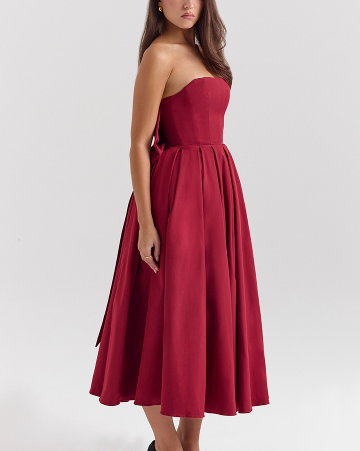 Dalia Strapless Detachable Bow Midi Dress in Maroon