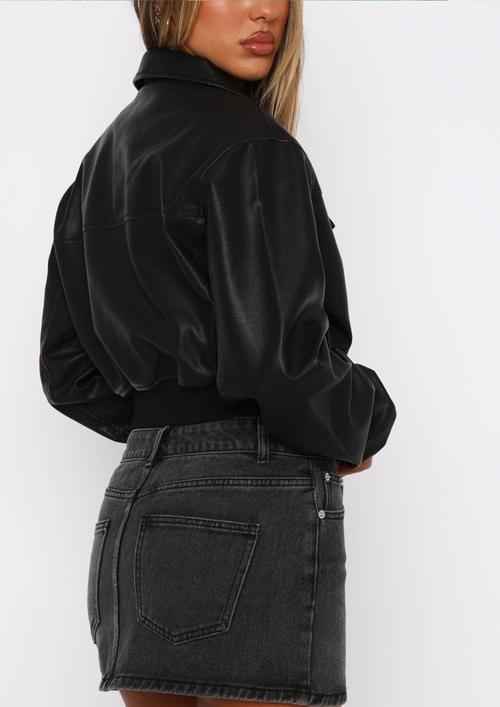 Callie Nights PU Bomber Jacket in Black