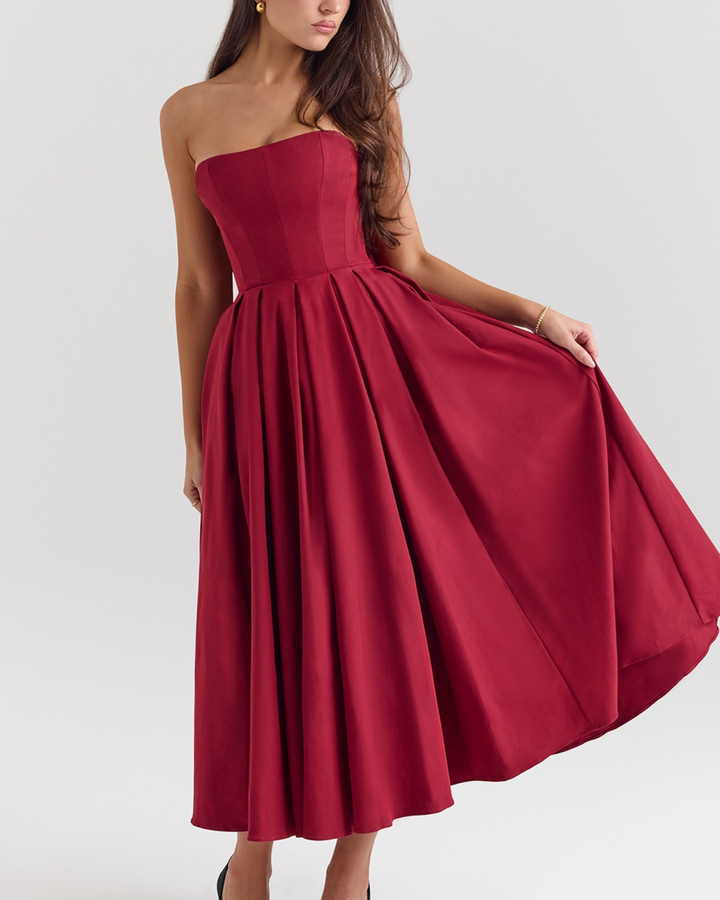 Dalia Strapless Detachable Bow Midi Dress in Maroon