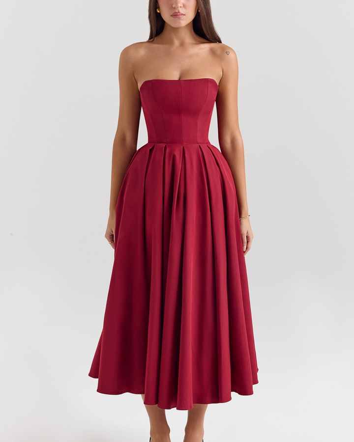 Dalia Strapless Detachable Bow Midi Dress in Maroon