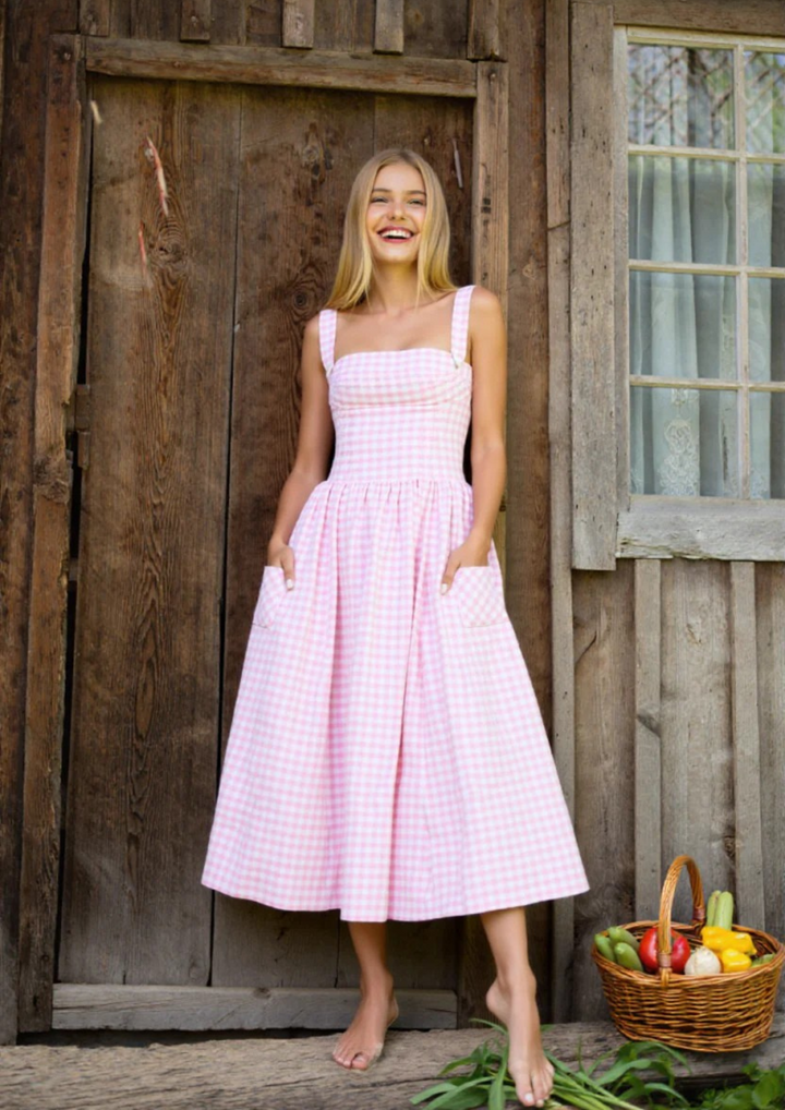 Anisia strawberry gingham midi sundress