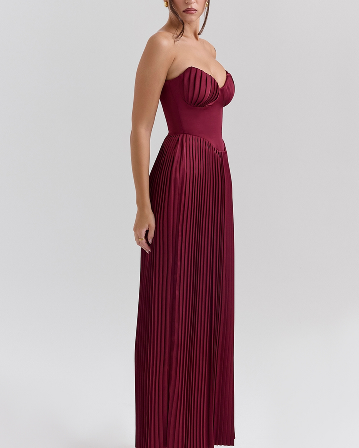 Gabriela Pleated Maxi Dress in Maroon