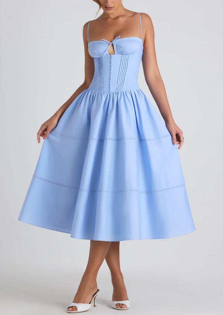 Bianca Lace-Trim Pintucked  Midaxi Dress in Sky Blue