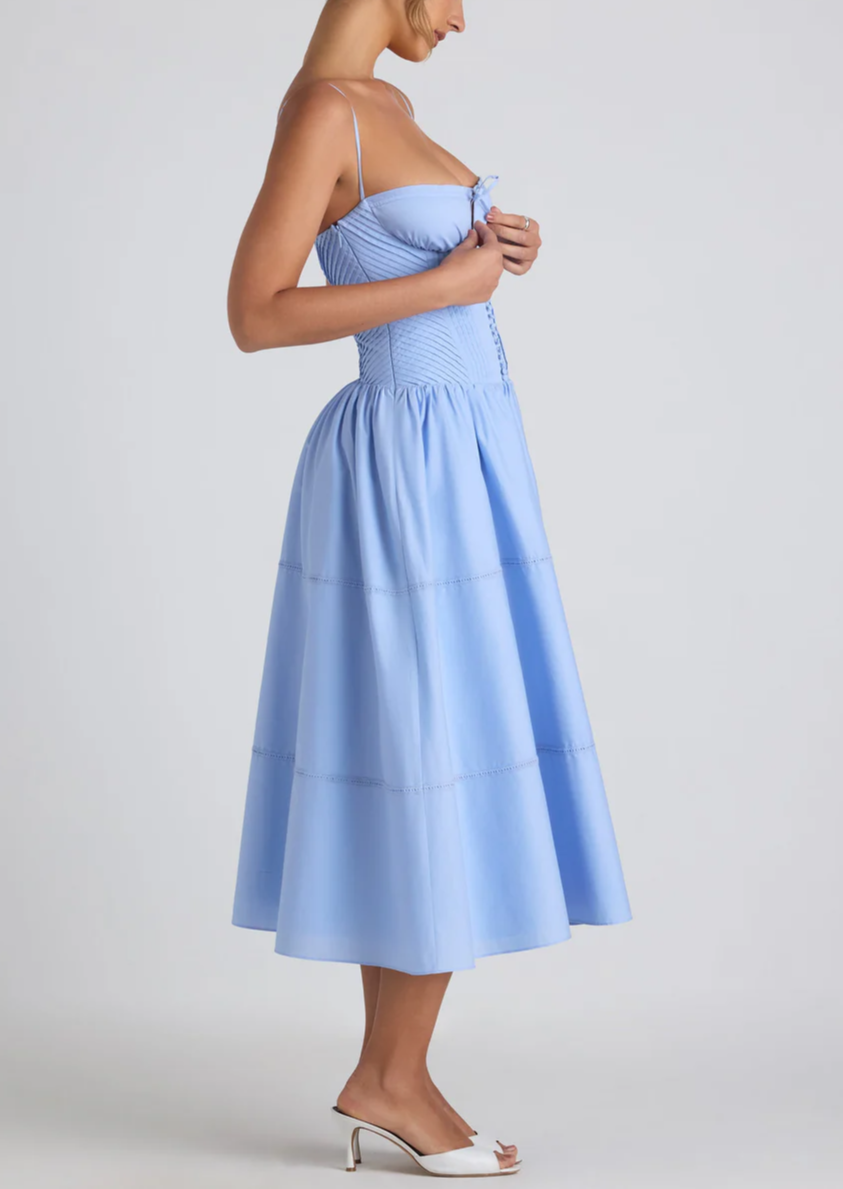 Bianca Lace-Trim Pintucked  Midaxi Dress in Sky Blue