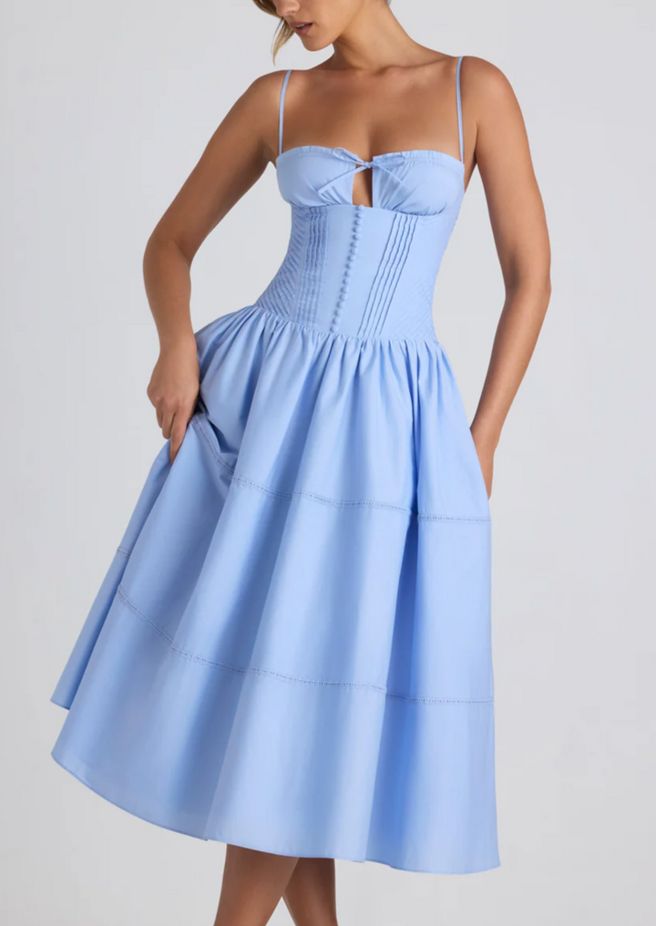 Bianca Lace-Trim Pintucked  Midaxi Dress in Sky Blue