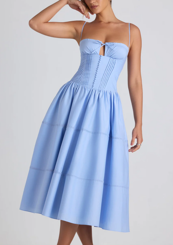 Bianca Lace-Trim Pintucked  Midaxi Dress in Sky Blue