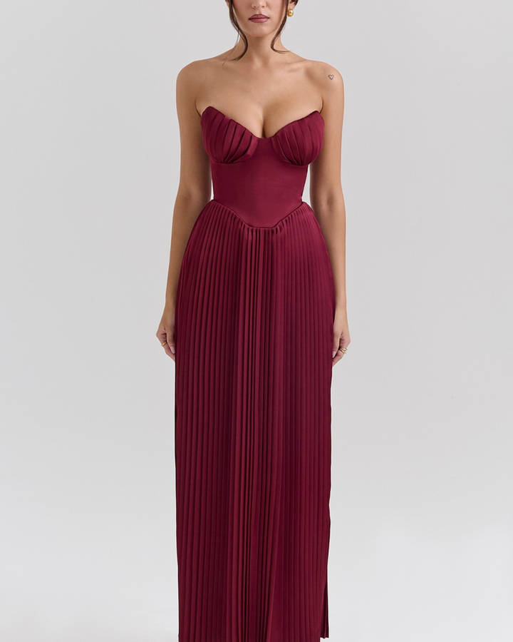 Gabriela Pleated Maxi Dress in Maroon