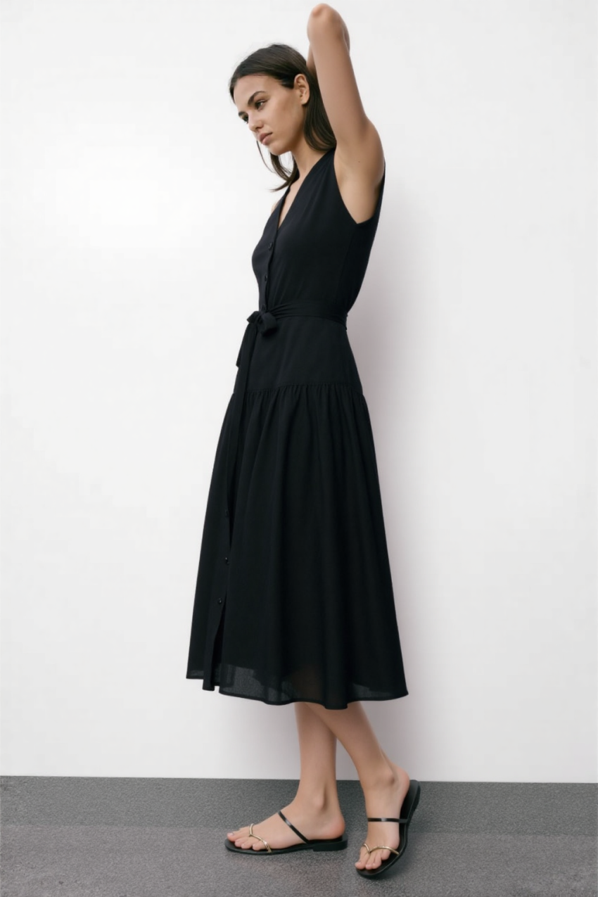 Bera Belt linen midi dress in Black