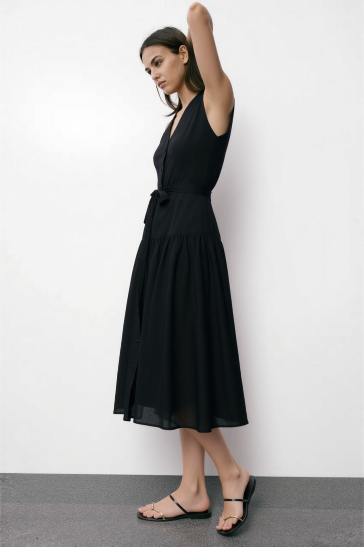Bera Belt linen midi dress in Black