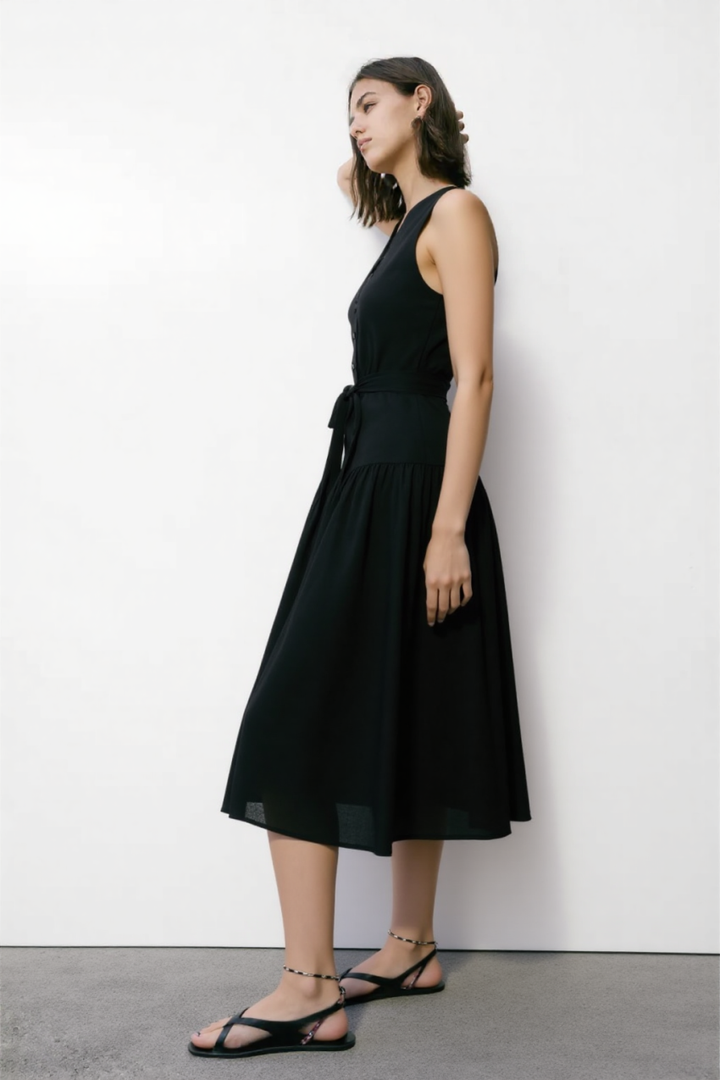 Bera Belt linen midi dress in Black