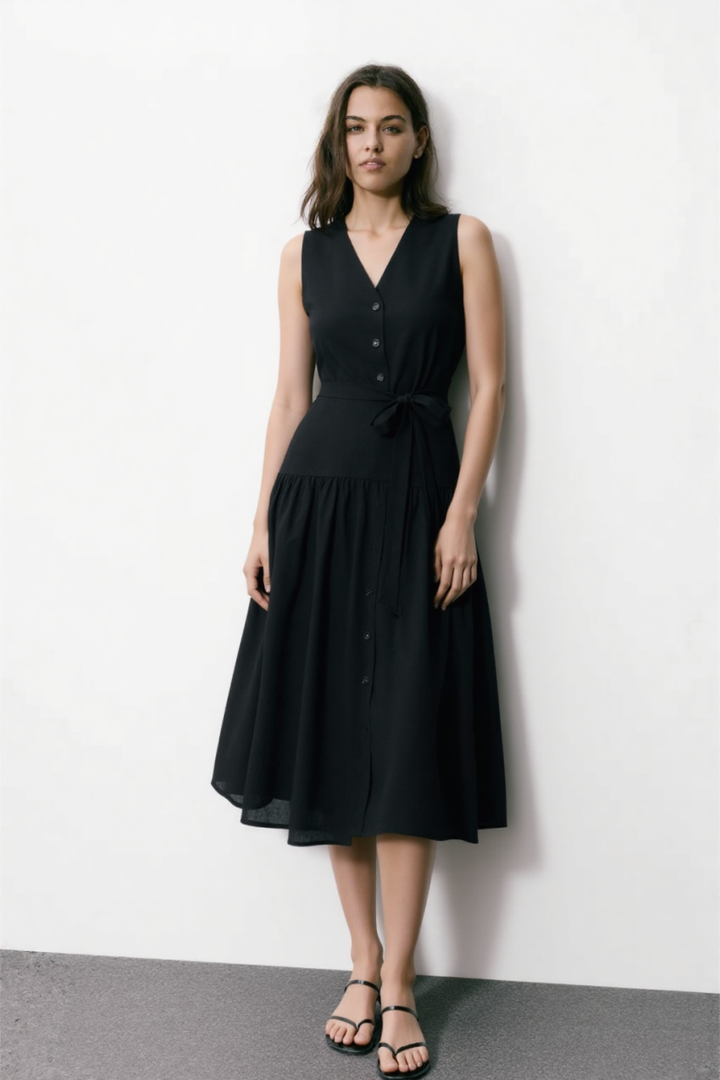Bera Belt linen midi dress in Black