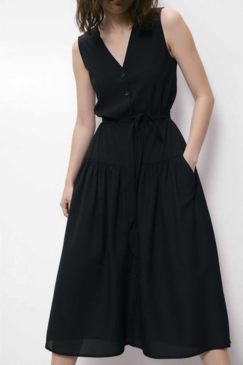 Bera Belt linen midi dress in Black
