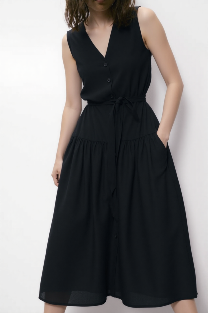 Bera Belt linen midi dress in Black