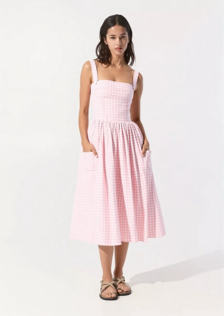 Anisia strawberry gingham midi sundress