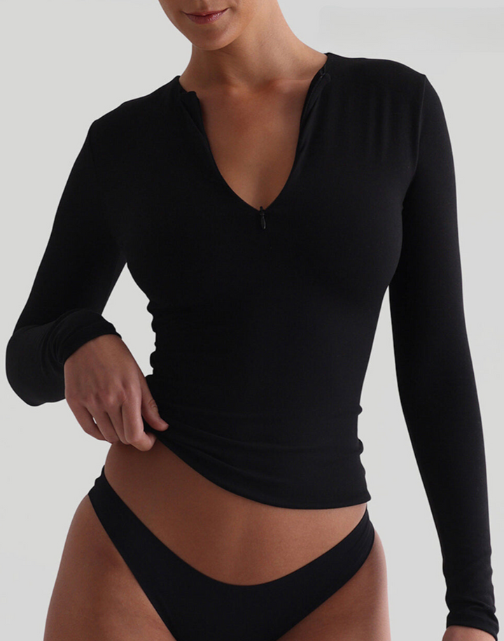 Aveline Zip-Up Long Sleeve T-Shirt - Black