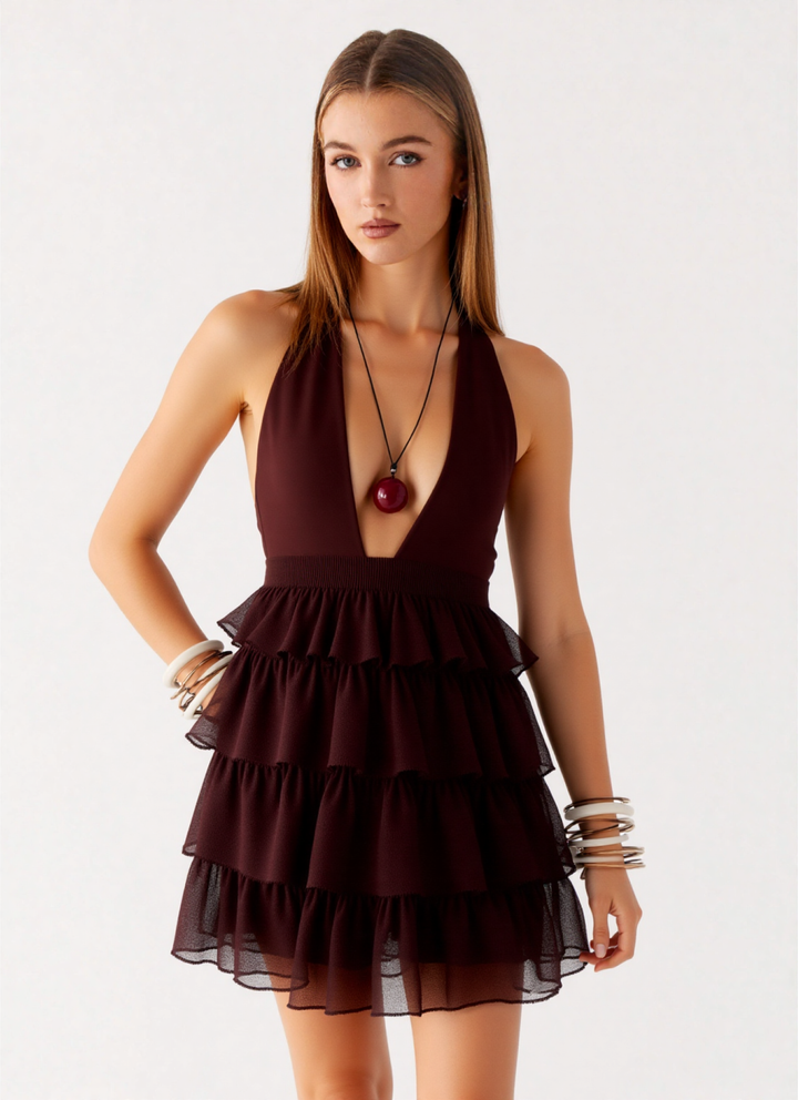 Zafira Ruffled mini Dress in Dark brown