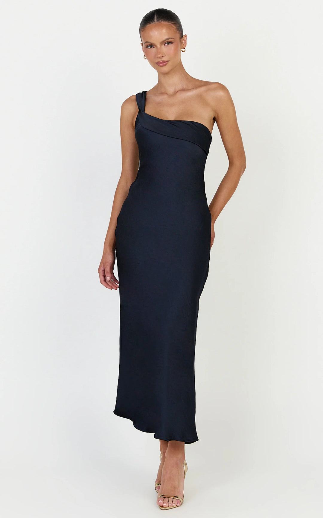 Jennifer Satin One Shoulder Midi Dress
