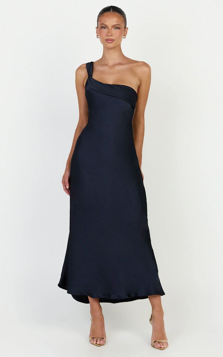 Jennifer Satin One Shoulder Midi Dress