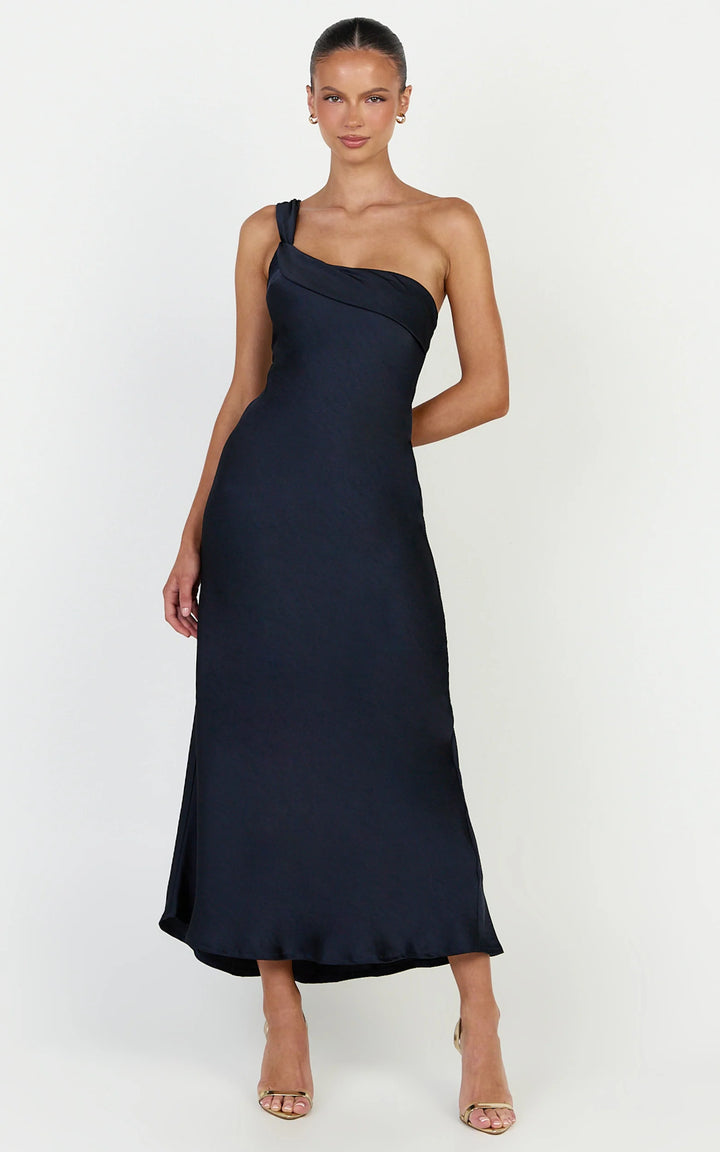 Jennifer Satin One Shoulder Midi Dress