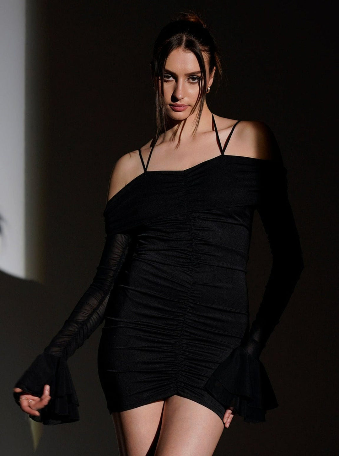 EVREN  Bardot Long Sleeve Ruched Mini Dress in Black