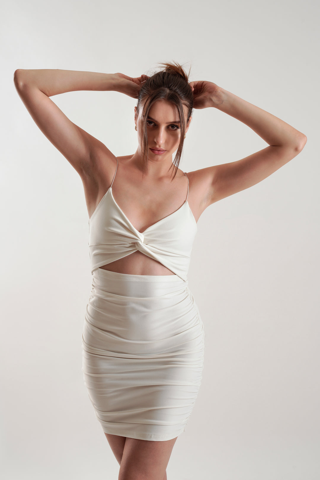 FOCUS ON ME  Cut Out Ruched Mini Dress in Ivory