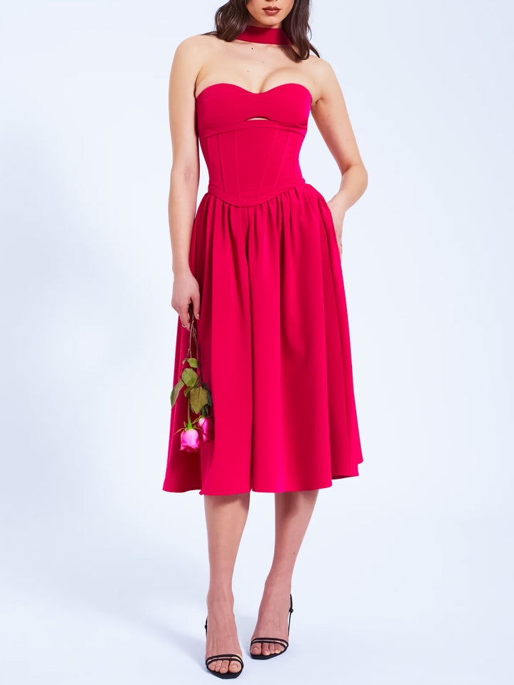 Aaliyah  Fuchsia Halter Neck Corset Midi Sundress