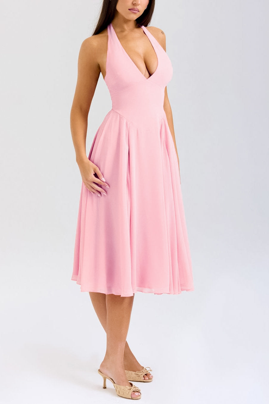 Sadie Peach Georgette Halter Dress