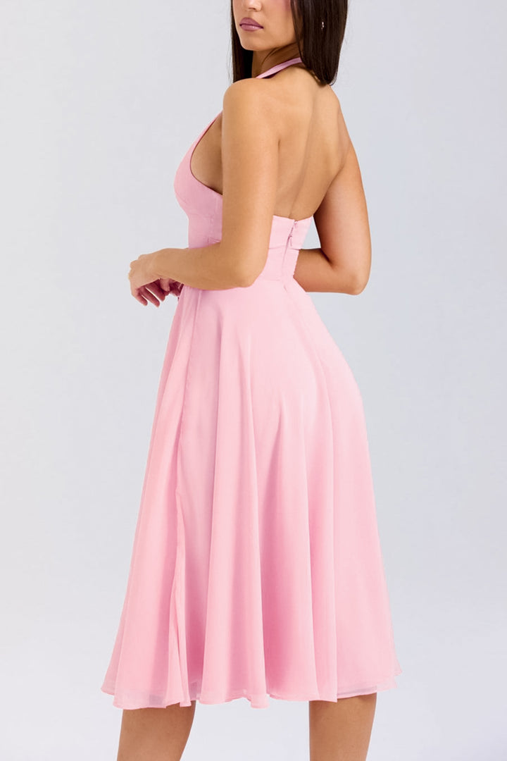 Sadie Peach Georgette Halter Dress