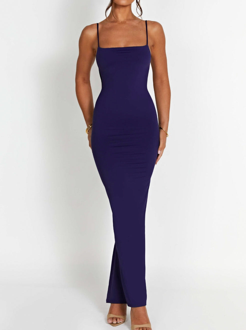 Tiana | Navy Asymmetric-Neck Maxi Dress With Drape-Detail