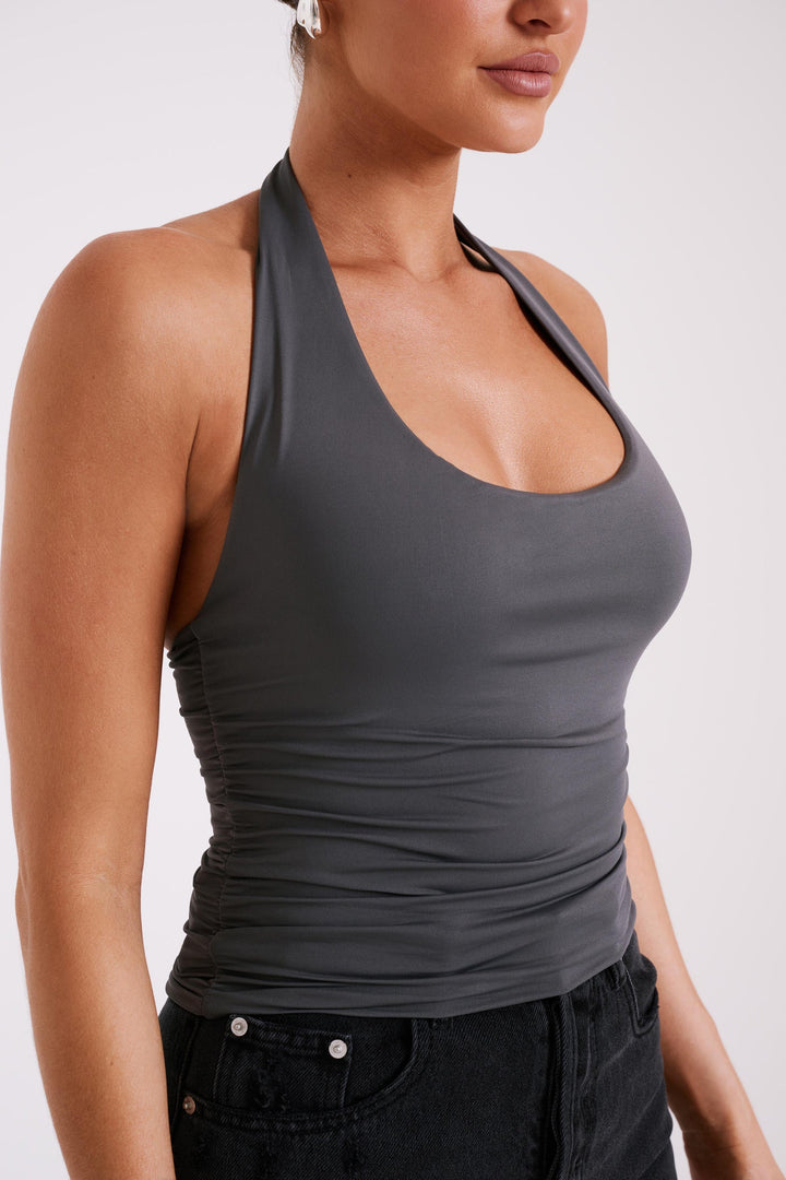 Eira Nylon Halter Top in Charcoal