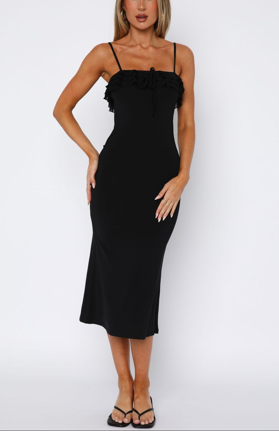 Yanina Ruffle Midi Dress Black
