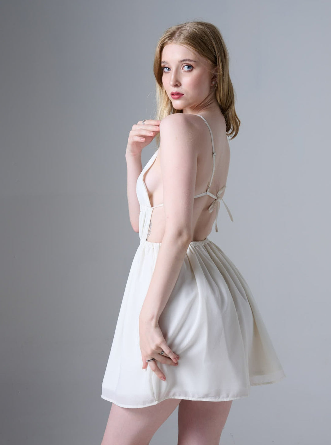 Elisha Ruched Skirt Mini Dress in Ivory