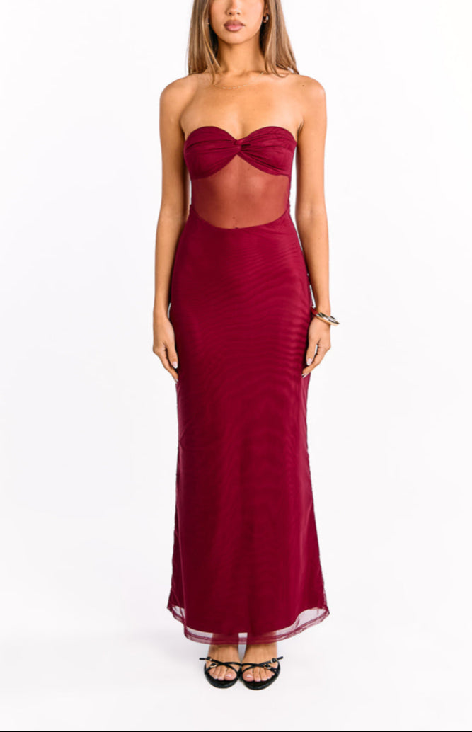 Shyla Wine Strapless Mesh Maxi Dress