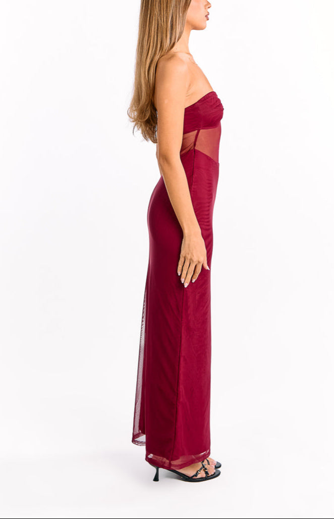 Shyla Wine Strapless Mesh Maxi Dress