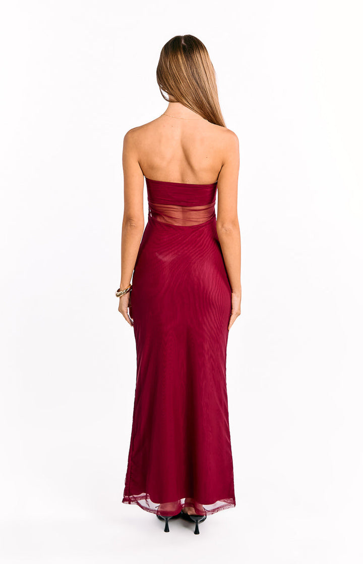 Shyla Wine Strapless Mesh Maxi Dress