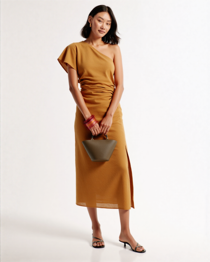 Evira Asymmetrical linen Midi dress Black