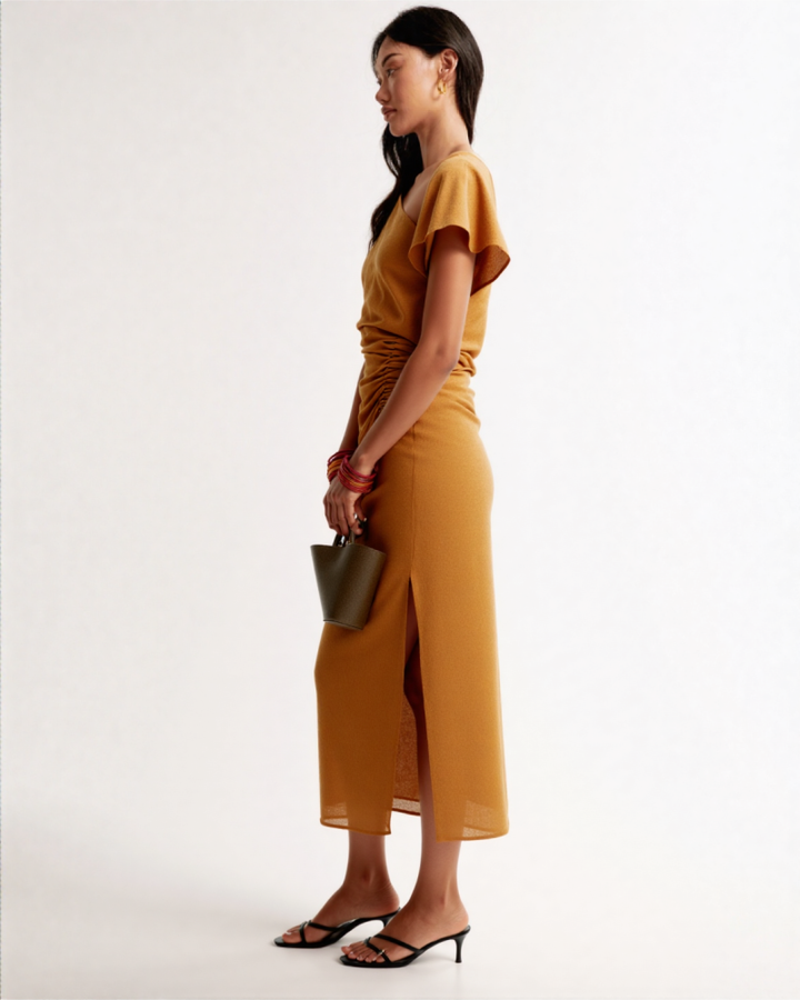 Evira Asymmetrical linen Midi dress Black