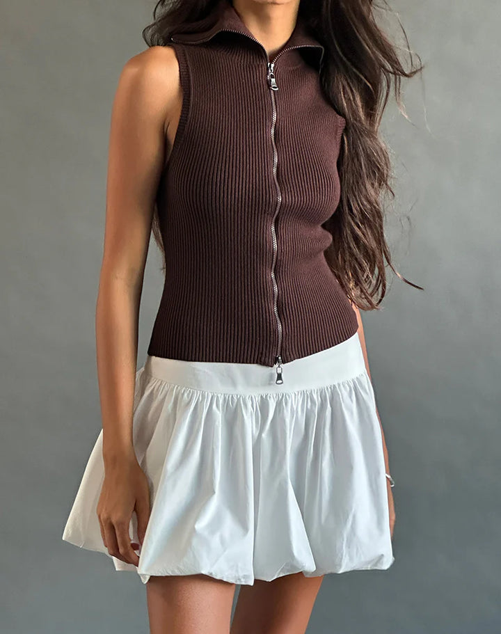 Jolie Highneck Fold Over Tank Top in Brown