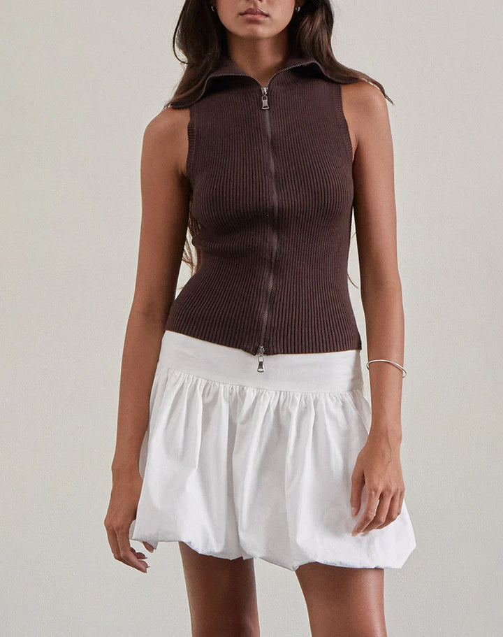 Jolie Highneck Fold Over Tank Top in Brown