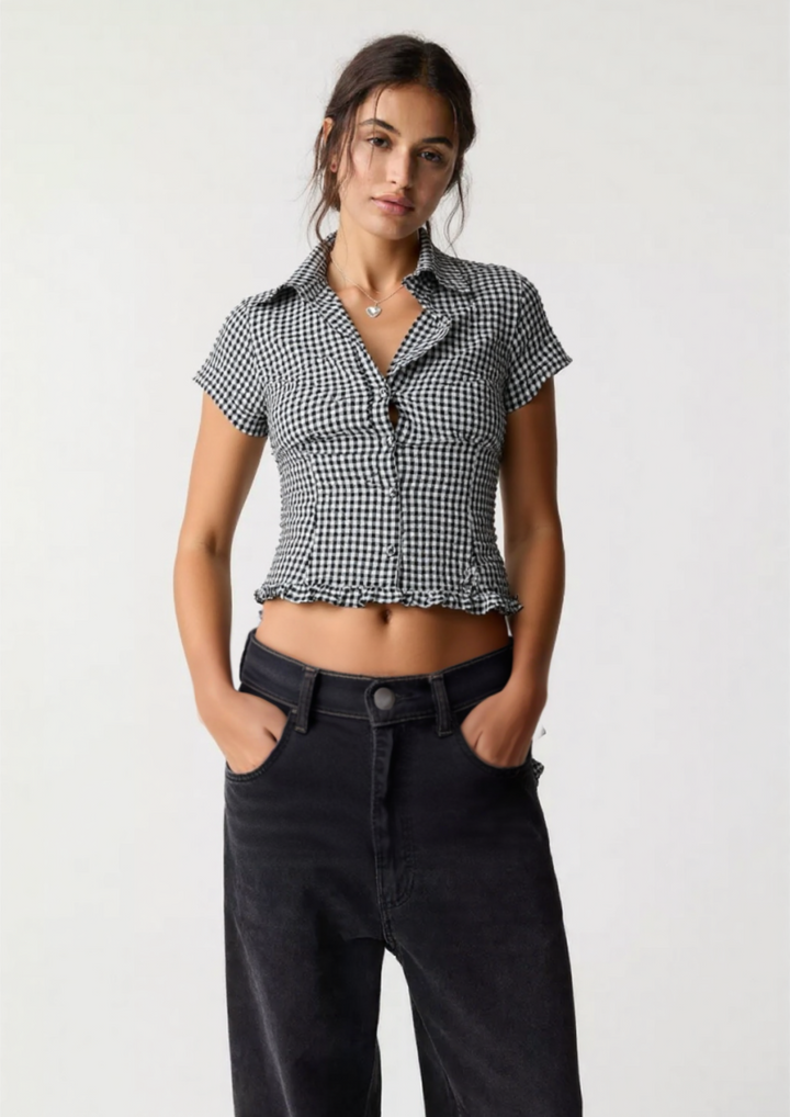 Bexley shirred puff sleeve top in ghingam print