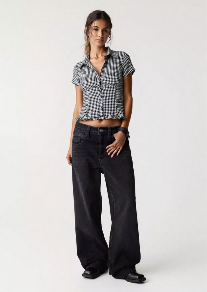 Bexley shirred puff sleeve top in ghingam print