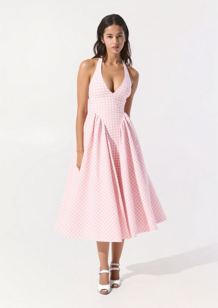 Arina strawberry gingham halter midi sundress