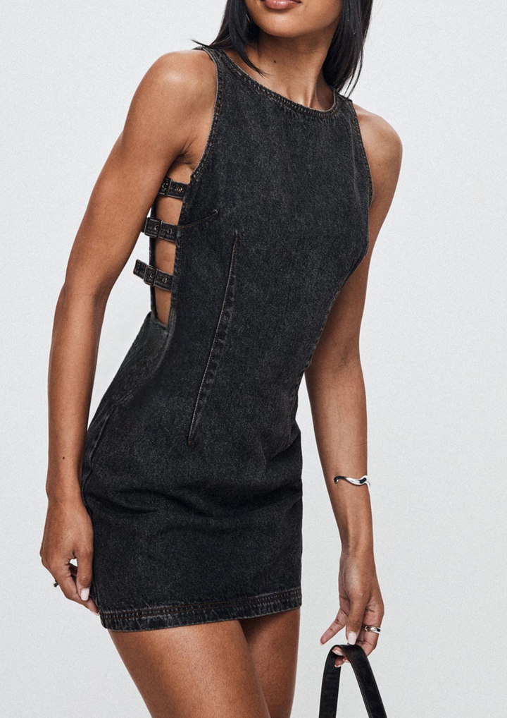 Charcoal Denim Dress with Side Latch Details