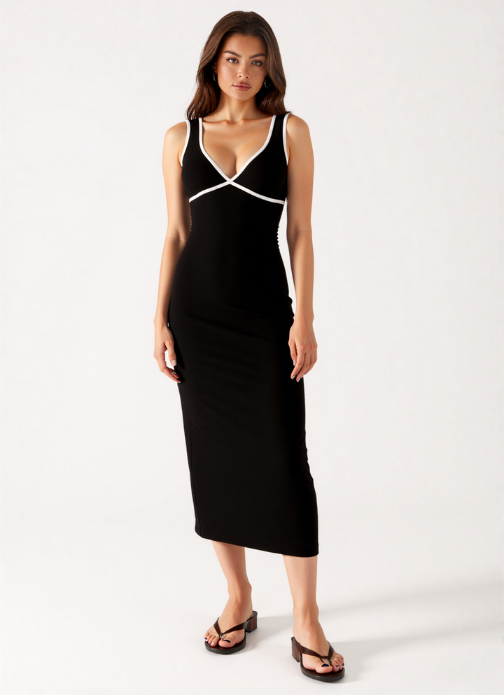 Oriana Midi Contrast Dress in Black