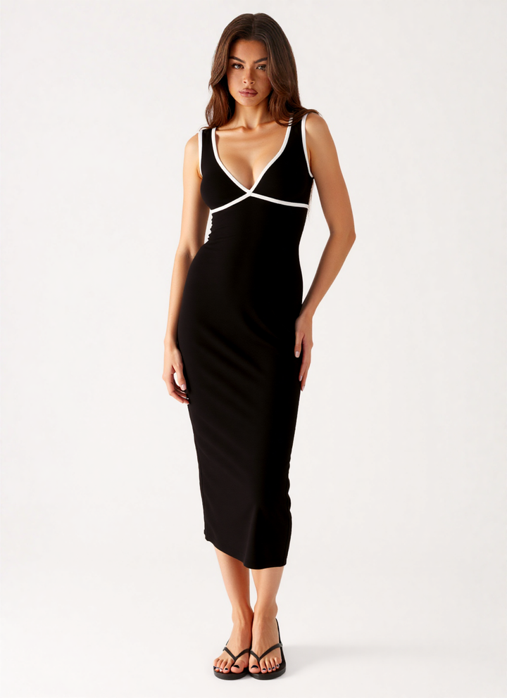 Oriana Midi Contrast Dress in Black