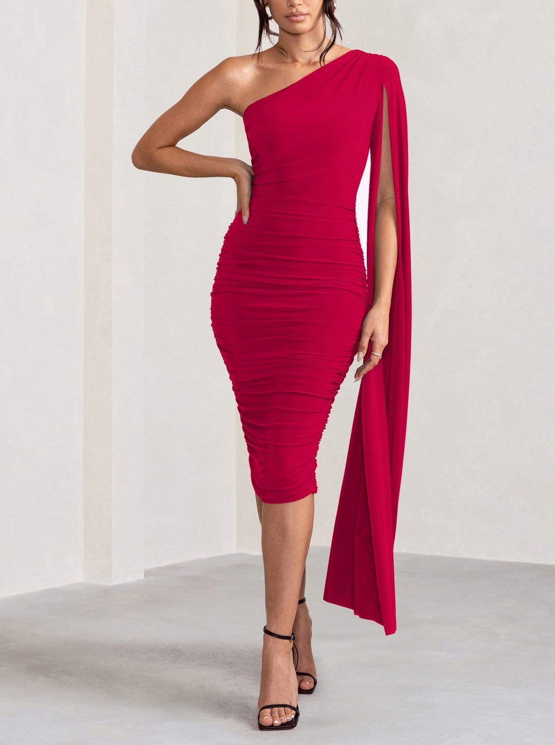 MUSE RED ONE SHOULDER CAPE RUCHED MIDI DRESS