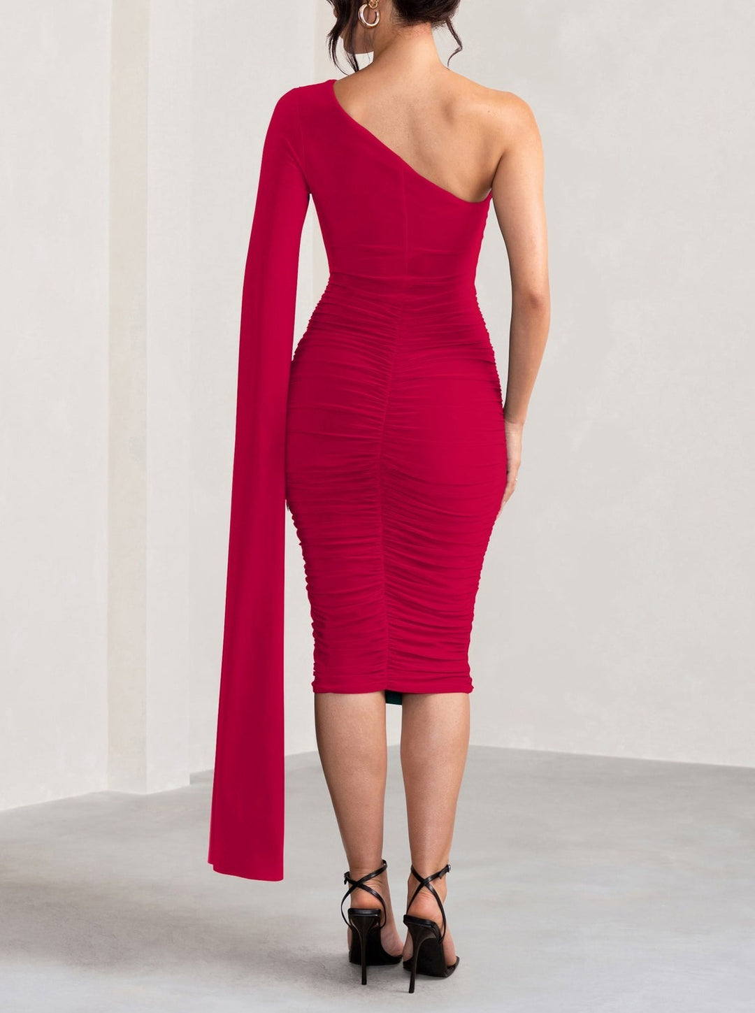 MUSE RED ONE SHOULDER CAPE RUCHED MIDI DRESS